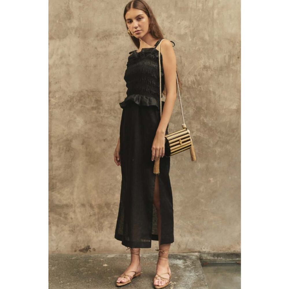 CHRISTY LYNN Venus Midi Dress Linen Blend Ruffle Smocked Sleeveless Slit Maxi - Picture 13 of 13